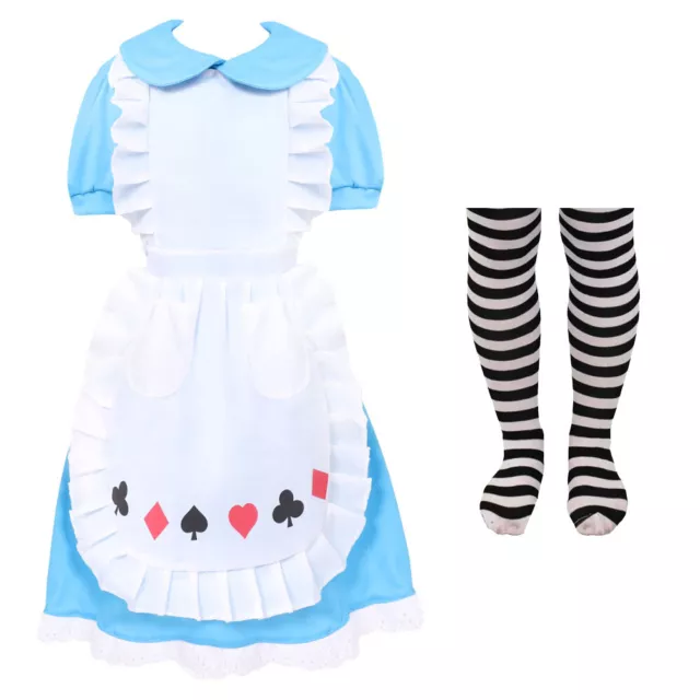 Girls Alice Costume With Tights Childs Book Week Wonderland Princess Fancy Dress