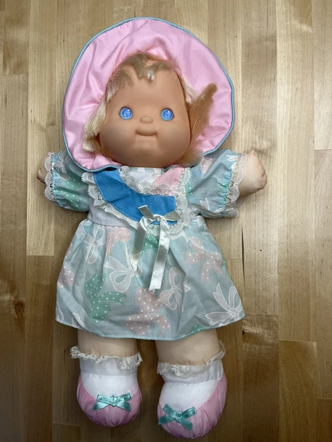 Vintage Fisher Price Puffalump Kids Plush Stuffed Doll Blue Ribbon Dress Bonnet