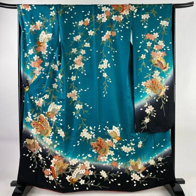 Woman Japanese Kimono Furisode Silk Butterfly CherryBlossom Gold Foil BlueGreen