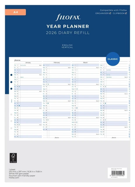 FILOFAX: A4 2026 Refill - Year Planner Vertical $29.00 - PicClick AU