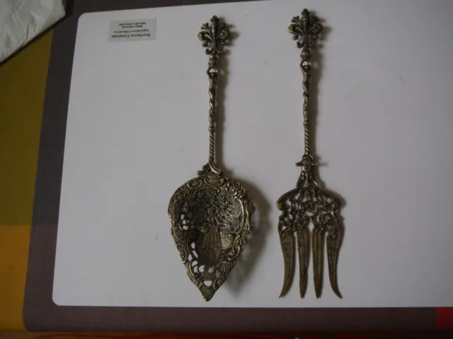Antique Italian 11” Decorative Ornate Fork & Spoon Serving Set - Brass