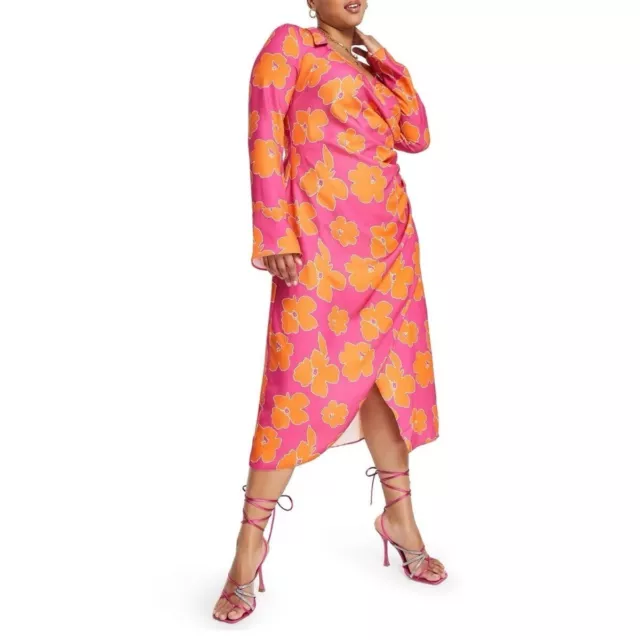 Asos Design Curve 70s Floral Drape Front Wrap Midi Dress Neon Slit Plus Size 20