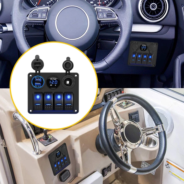 4 Gang Rocker LED Blue Switch Panel Breaker Circuit Car Marine Boat w/ Stickers