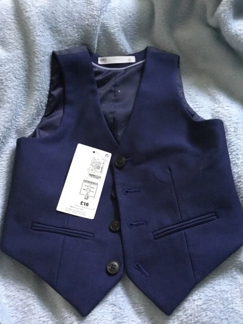 Gilet formale slim fit blu foderato nuovo con etichette di M&S, età 2-3 anni