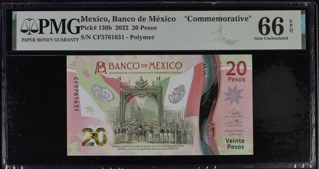 Mexico 20 Pesos 2022 P 136 b Comm. Gem UNC PMG 66 EPQ