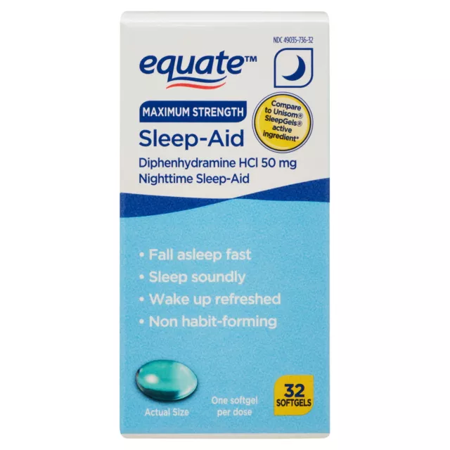 Bolas blandas de ayuda para dormir Equate Maximum Strength difenhidramina HCl, 50 mg, 32 unidades