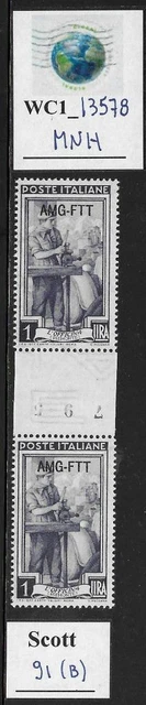 WC1_13578. ITALY: TRIESTE FTT. 1 L. gutter pair 1950 ITALY @ WORK. Scott 91. MNH