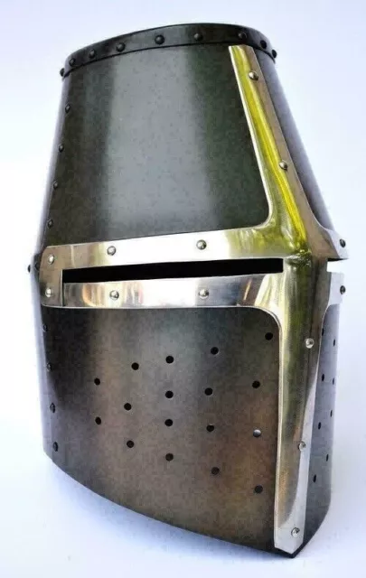 18 Gauge Mild Steel And Brass Medieval Blackened German Great Crusader Helmet