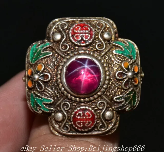 1.2" Old Chinese Silver enamel Red Starlight stone Jewelry Round Ring Statue