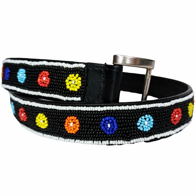 Chico's Seed Bead Black Leather Belt Women's Small Floral Bloom Hippie Boho