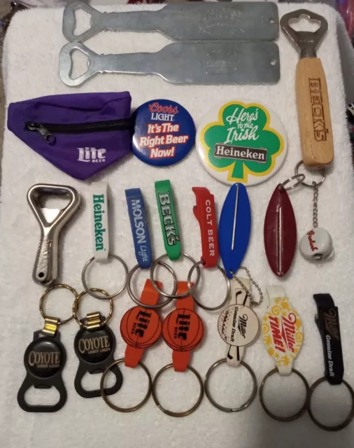 25 Pc. Vintage Beer Keychain Bottle Opener Pin back Promo Lot + Bonus Cooler