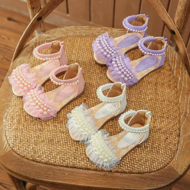 Girls Pearl Flat Sandals Summer Toddler Baby Kids Holiday Princess Shoes Size