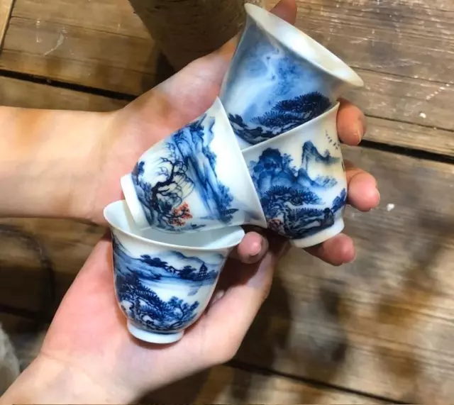 Old Chinese painting Blue And White Porcelain Bowl Cup Ruoshenzhencang Mark 4pc