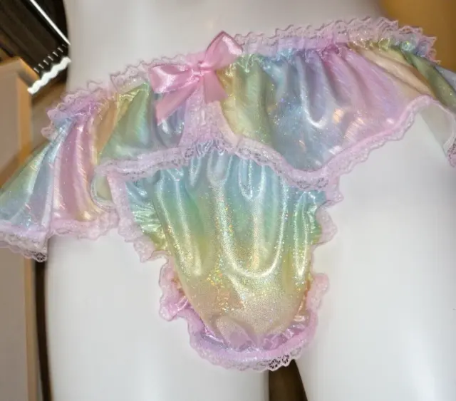 Sissy Pastel Rainbow Ruffle Tutu Mini Skirt  Soft Slippy Sexy Lace Frilly Pouch
