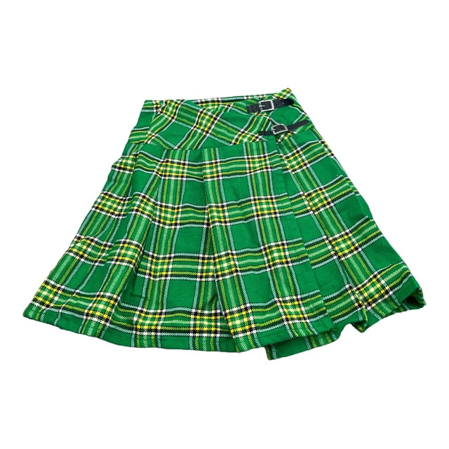 Irish National Tartan Mini Kilt Skirt Green Yellow Size 26 Wool Blend