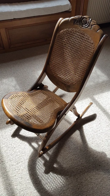 Antique Folding Rocking Chair Solid Wood Cane Back And Seat