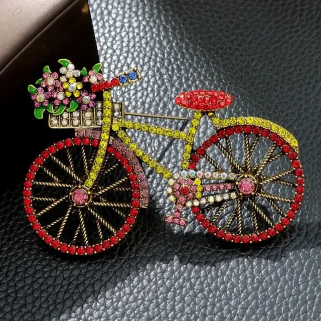 Vintage Red Bicycle Brooch Pin Inlaid Shiny Rhinestone Fashion Women Unique Men