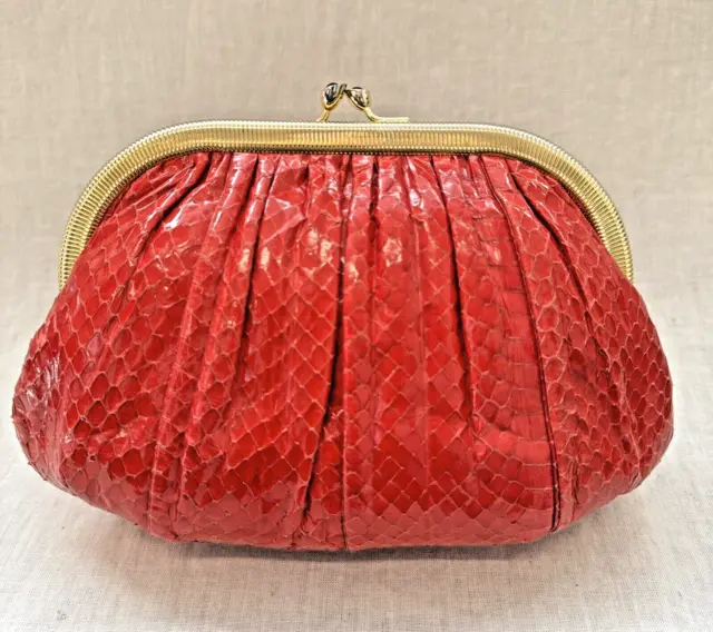 Judith Leiber Auth Vintage Ruched Red Snake Skin Evening Clutch Handbag purse