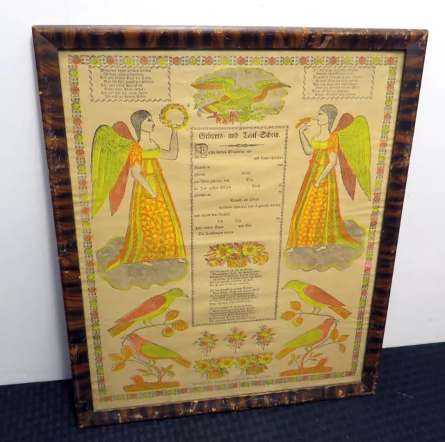 Antique 1829 Harrisburg Pennsylvania German Birth Baptism Fraktur ~ Angels Birds