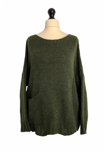 Made In Italy Lagenlook Dark Green Chunky Knit Pocket Jumper - UK Sz 14 16 18 20