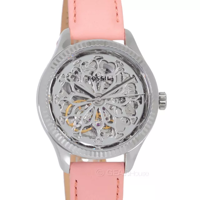 FOSSIL Rye Womens Automatic Watch, Silver Skeleton Dial, Soft Pink Leather Band