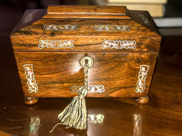 Victorian Antique Rosewood Two Division Tea Caddy with Mother of Pearl