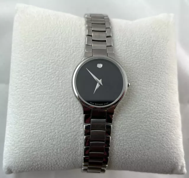 Ladies  MOVADO SERIO Black Museum Dial St. Steel Swiss Quartz Watch in Box