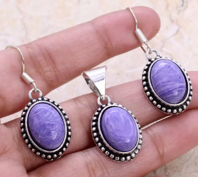 Charoite Art Piece 925 Silver Plated Pendant & Earrings Set 1.3" Ethnic