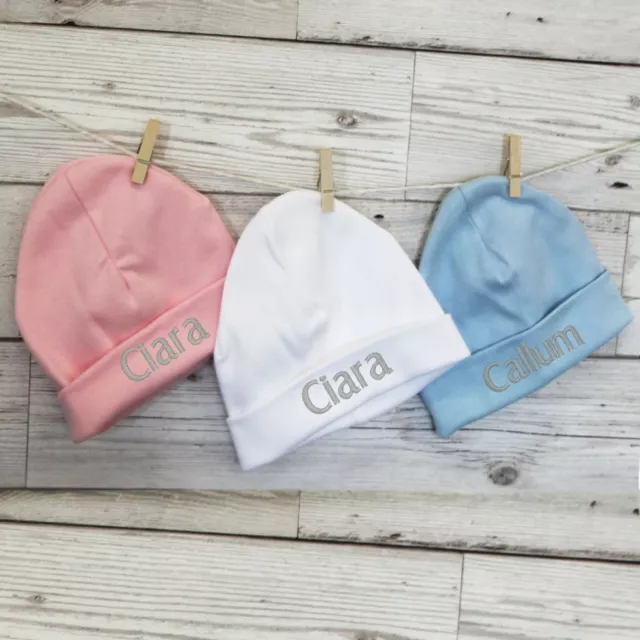 Personalised Baby Girl Boy Newborn Hat Beanie Cotton Pink Blue White 0-3 Months