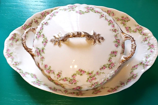 ATQ Elite Limoges France Covered  Bowl 8" & Platter 14" Rose Swags & Gold