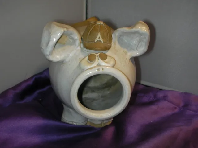 Hand made Pig Piggy Coin Bank art Statue Black Rock Pottery Ceramic Stoneware