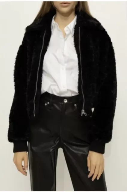 NWT RAG & BONE Nikki Faux Fur Shearling Bomber Jacket Black Cropped Small $$$