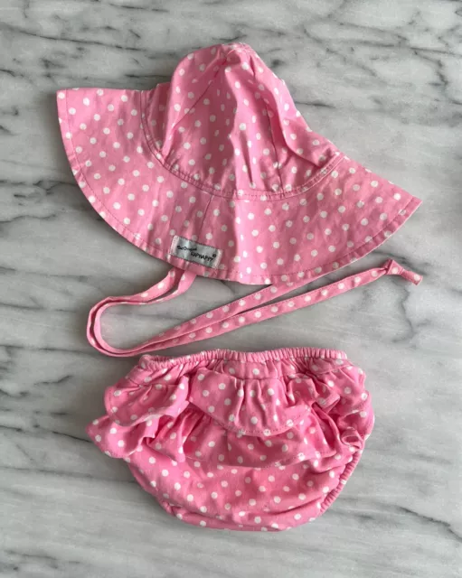 Flap Happy Baby Girl's Sun Hat & Matching Swim Diaper 6M Pink Polka Dot Ruffles