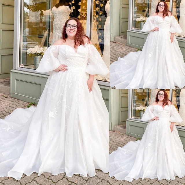 Plus Size Lace Wedding Dresses Chiffon Off The Shoulder Sweep Train Bridal Gowns