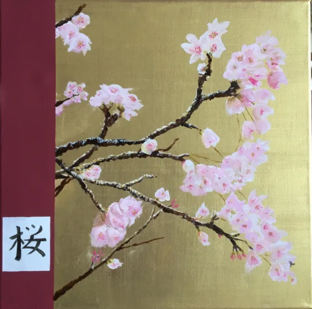 tableau style japonais cerisier en fleurs huile sur toile fond or
