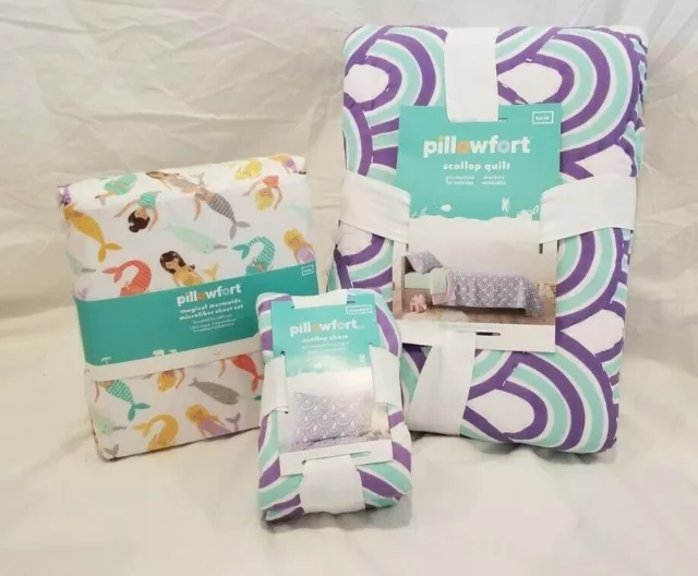 5 pc Pillowfort Scallop & Mermaid Twin Quilt, Sham, & Sheet Set NIP