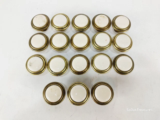 Vintage Cabinet Knobs Drawer Pulls Brass and White Ceramic Lot of 18