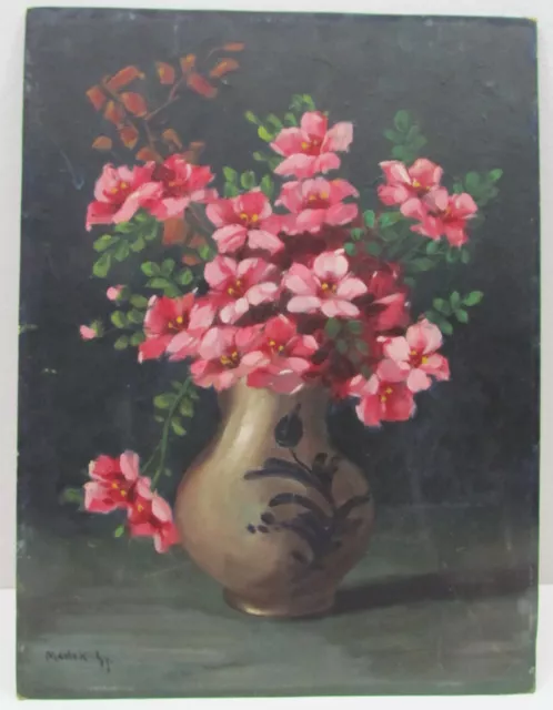Vintage Beautiful Delft Vase Still Life with Flowers Impressionist Oil Painting