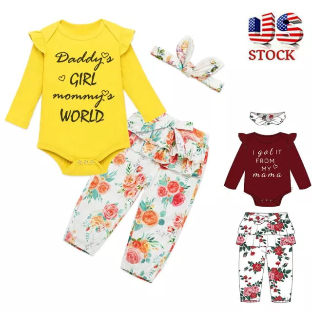 Newborn Infant Baby Girl Romper Jumpsuit Tops Pants Headband Clothes Outfits Set