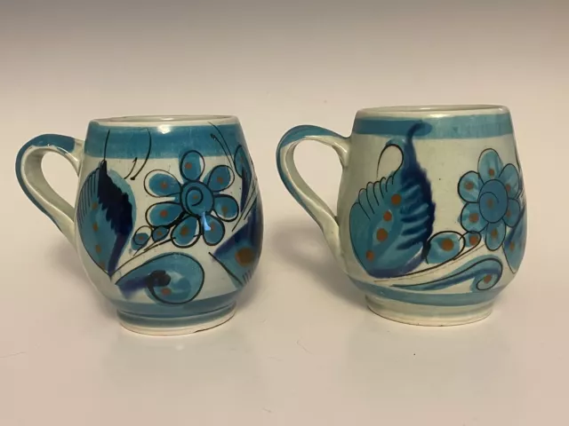 Vtg Tonala Blue Bird Pottery Mugs coordinating Coffee Cups Mexico signed pair~2