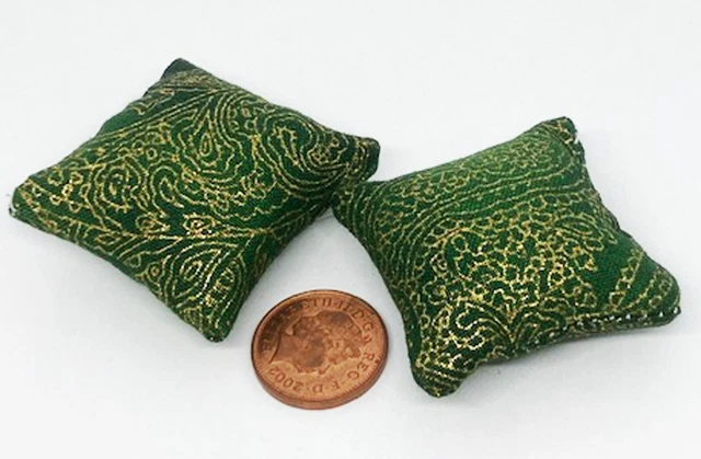 Dolls House Pair of Green Patterned Cushions Tumdee Miniature Accessory DH17