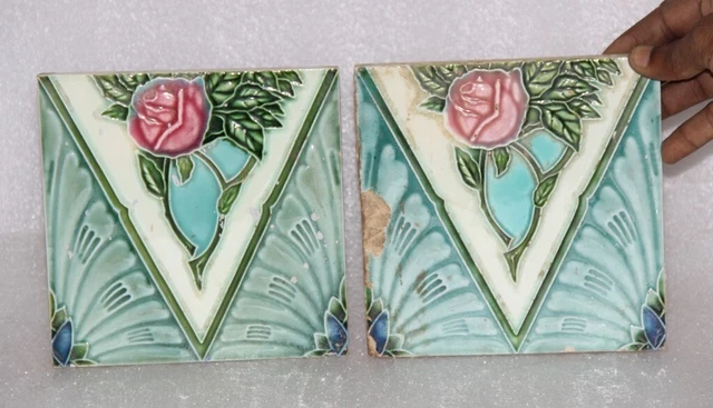 2PC Vintage Fine Colorful Rose Flower Embossed Ceramic Tile Décor, JAPAN 14355