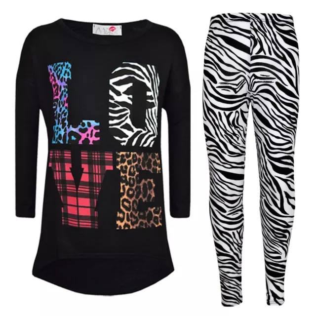 Kids Girls LOVE Printed Trendy Black Top & Stylish Fashion Legging Set Age 7-13Y