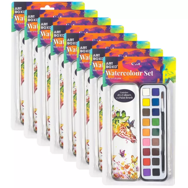 8x Art Boxd Watercolour Tin Craft Painting Set 18 Colour Palette w/ Paint Brush