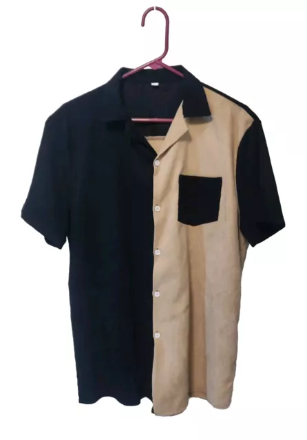 Corduroy Button-Up Short Sleeve Shirt Men's Size L Black Beige Summer Shirt