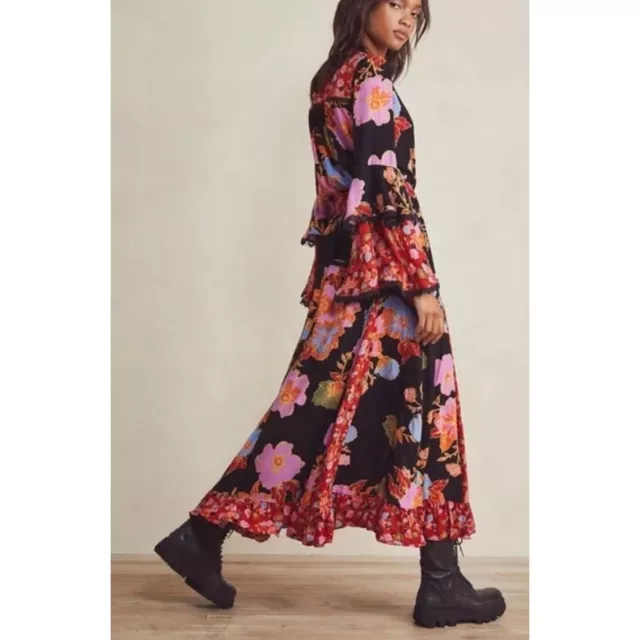 Free People Penny Printed Bohemian Floral Maxi Bodysuit Dress Size XS Black 3