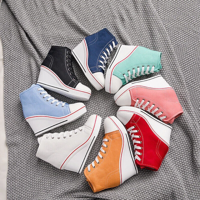 High Top Canvas Shoes Wedges Heel Lace-up Orange Women Plus Size Sneakers 35-43