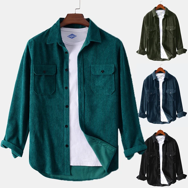 Camicie Casual Da Uomo In Velluto A Coste A Maniche Lunghe Con Colletto In ^