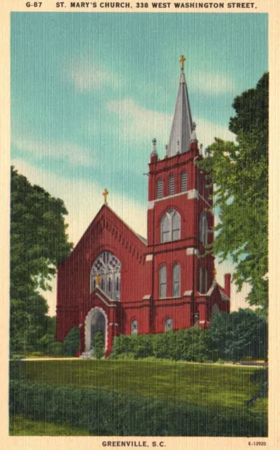 Postcard SC Greenville St Marys Church West Washington St Linen Vintage PC f8424