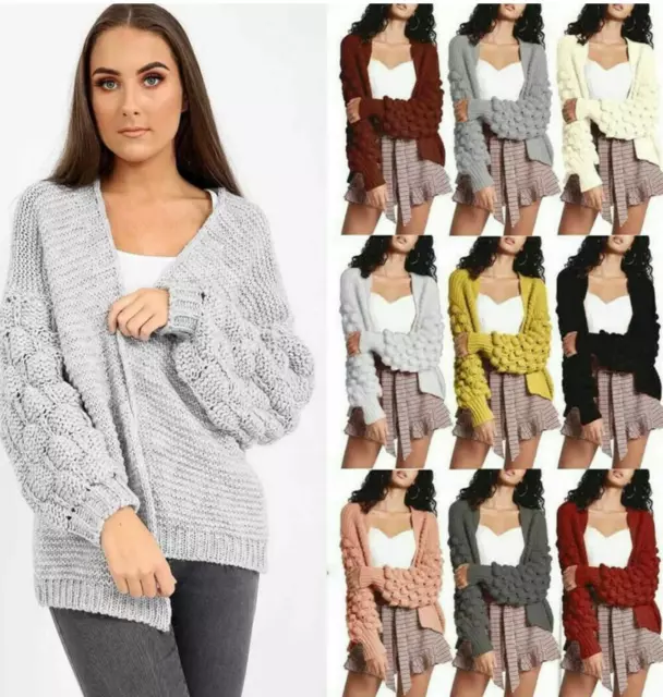 New Ladies Womens Bubble Bobble Sleeve Knitted Cardigan Chunky Knit Jumper